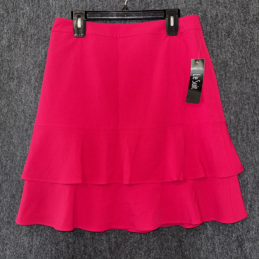 Le Suit‎ Womens Size 8 Pink Tiered Ruffle Skirt Dark Azalea Career Office NWT
